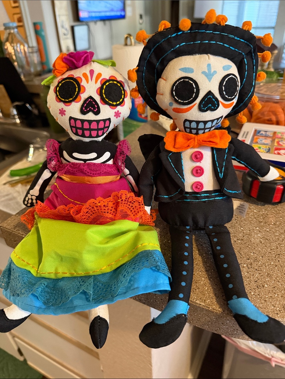 Day of the Dead Sugar Skull Plush Dolls - Colorful Pair